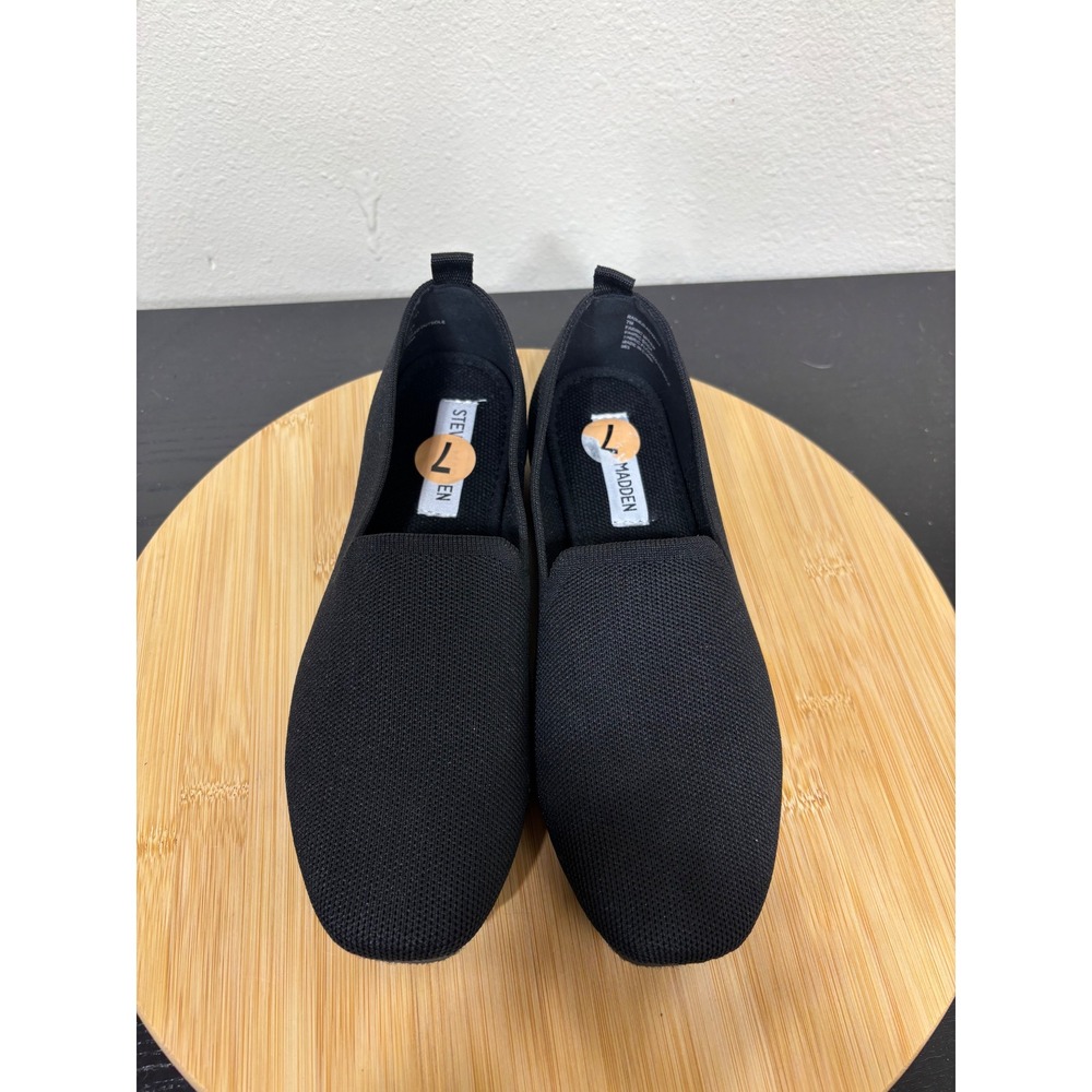 Steve Madden Raine Loafers Women 7 Black Fabric‎ Knit Square Toe Slip On Flats - Picture 2 of 9
